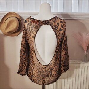 REBEL Cheetah Animal Print Tunic Peep Hole Back Sheer Top- XS